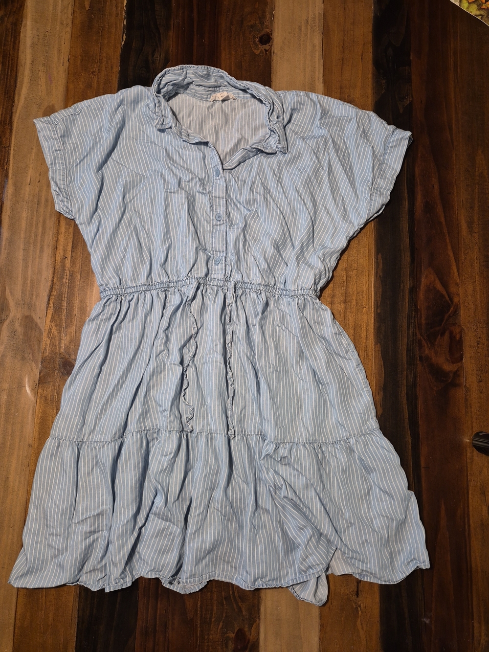 Light Blue Striped Button Front Tiered Dress